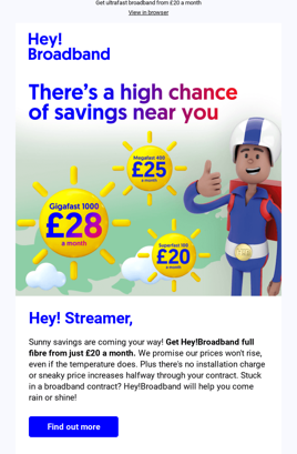 Hey Broadband cold email example showing friendly greeting and fiber internet service introduction